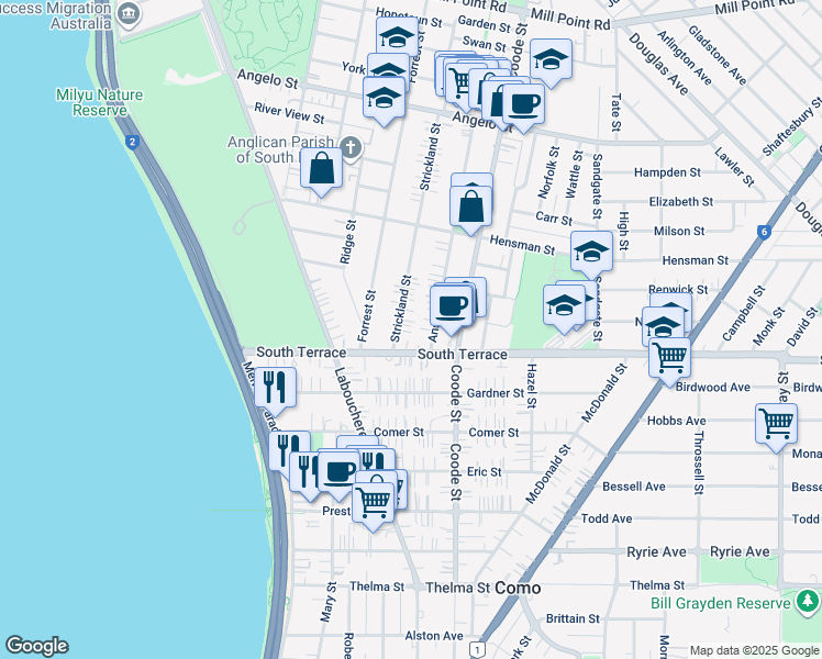 map of restaurants, bars, coffee shops, grocery stores, and more near 80 Strickland Street in South Perth