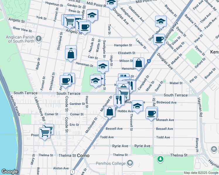 map of restaurants, bars, coffee shops, grocery stores, and more near 5 Norton Street in South Perth