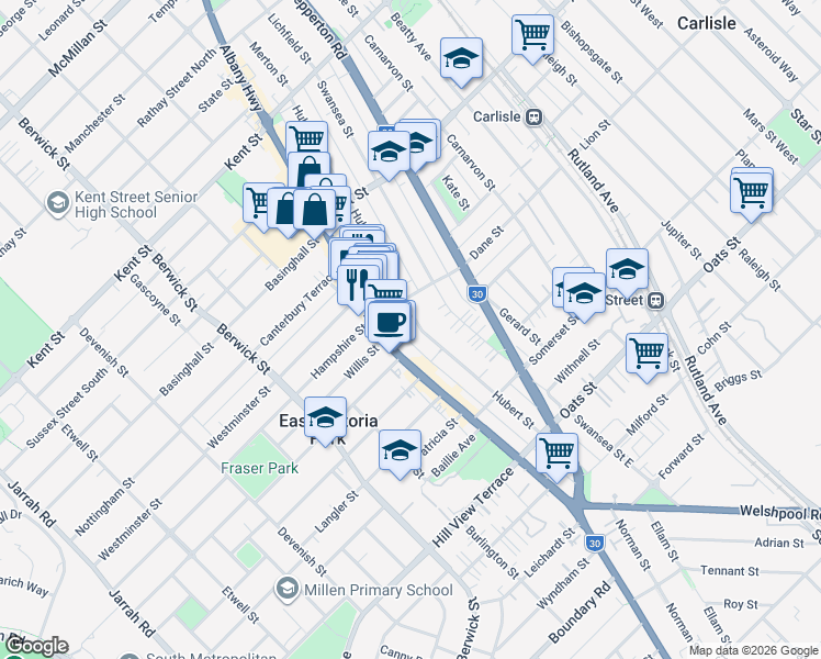 map of restaurants, bars, coffee shops, grocery stores, and more near 109 Hubert Street in East Victoria Park