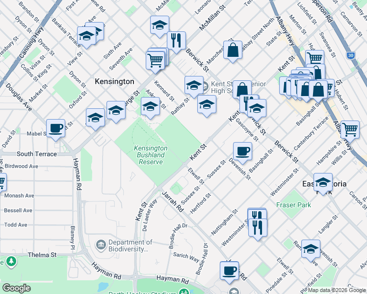 map of restaurants, bars, coffee shops, grocery stores, and more near Etwell Street in East Victoria Park