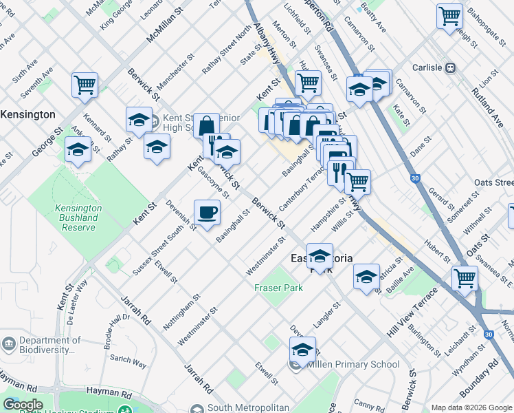 map of restaurants, bars, coffee shops, grocery stores, and more near 64 Basinghall Street in East Victoria Park