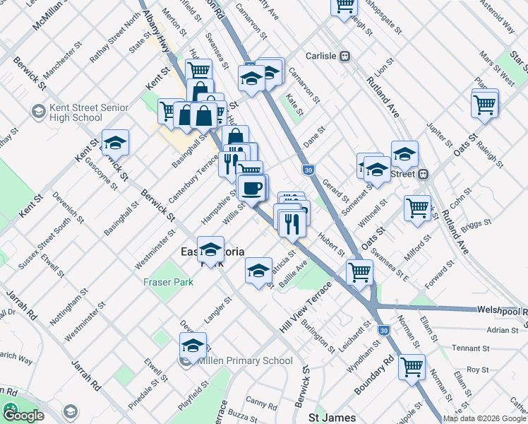 map of restaurants, bars, coffee shops, grocery stores, and more near 940 Albany Highway in East Victoria Park