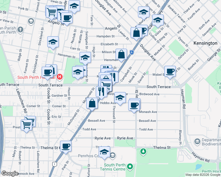map of restaurants, bars, coffee shops, grocery stores, and more near 246 Canning Highway in Como