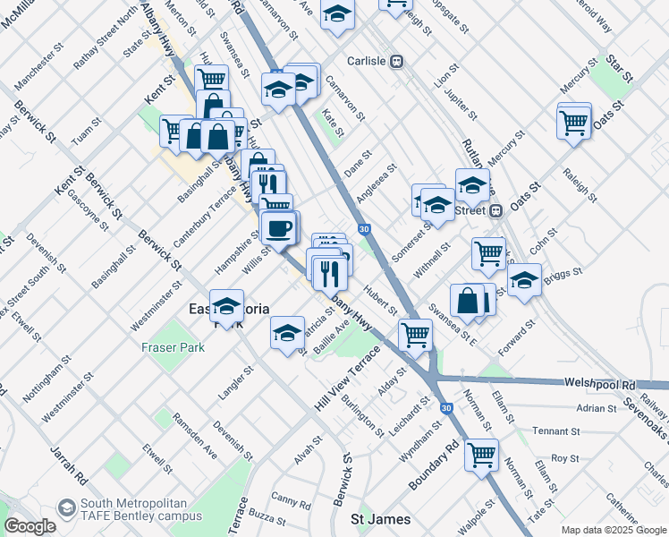 map of restaurants, bars, coffee shops, grocery stores, and more near 135 Hubert Street in East Victoria Park