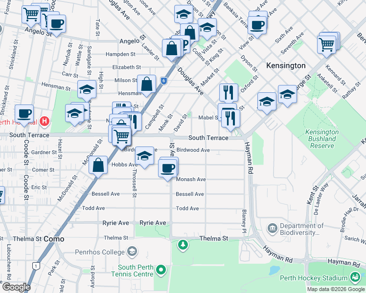 map of restaurants, bars, coffee shops, grocery stores, and more near 46 Birdwood Avenue in Como