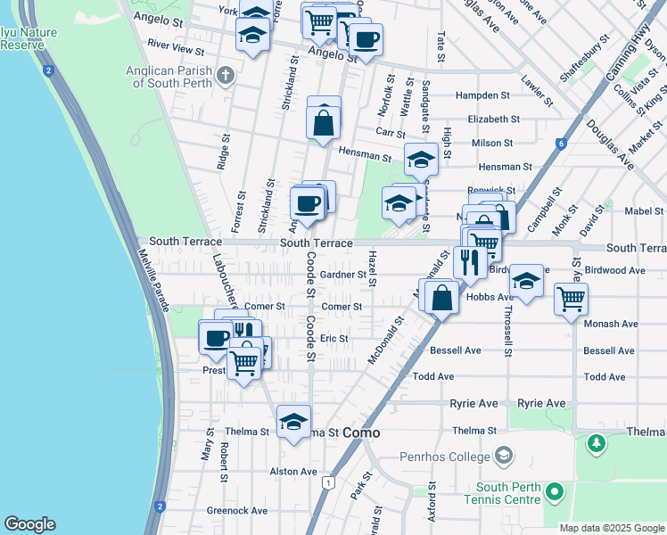 map of restaurants, bars, coffee shops, grocery stores, and more near 70 Gardner Street in Como
