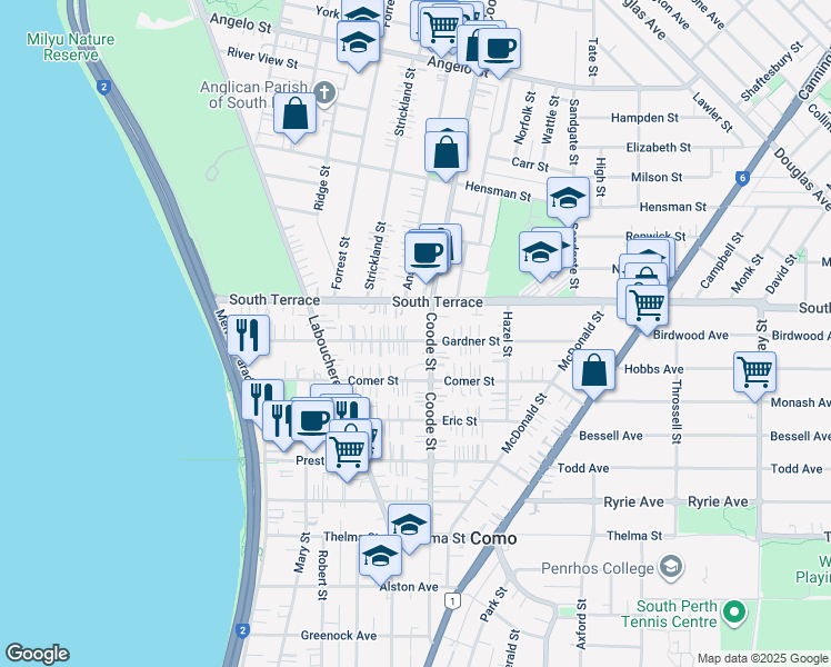 map of restaurants, bars, coffee shops, grocery stores, and more near 64 Gardner Street in Como