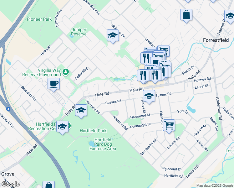 map of restaurants, bars, coffee shops, grocery stores, and more near 117 Hale Road in Forrestfield