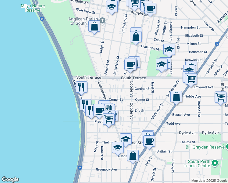 map of restaurants, bars, coffee shops, grocery stores, and more near 45 Gardner Street in Como