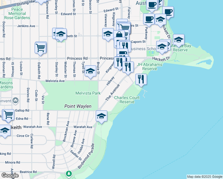 map of restaurants, bars, coffee shops, grocery stores, and more near 53 The Avenue in Nedlands