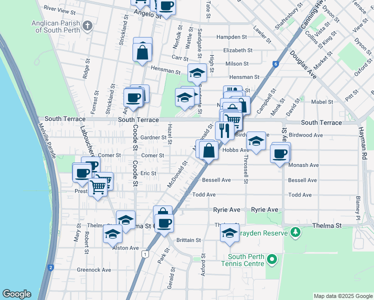 map of restaurants, bars, coffee shops, grocery stores, and more near 84 Comer Street in Como