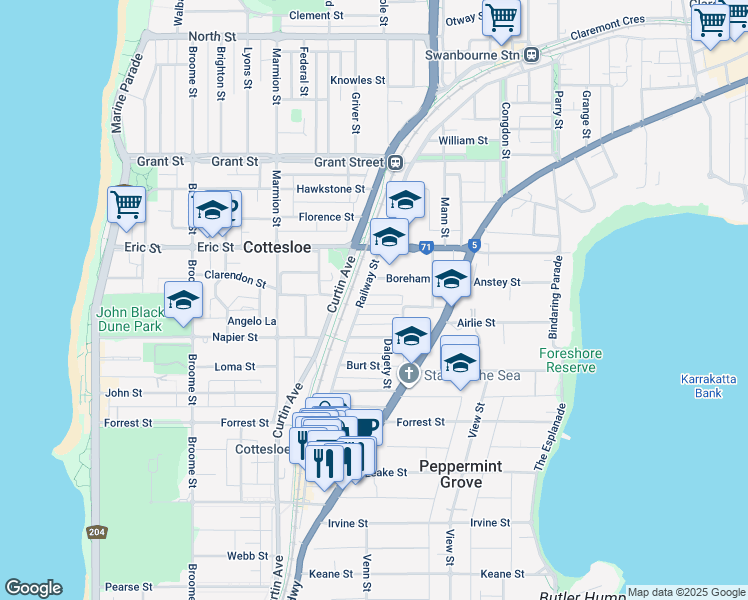 map of restaurants, bars, coffee shops, grocery stores, and more near 3 Wentworth Street in Cottesloe