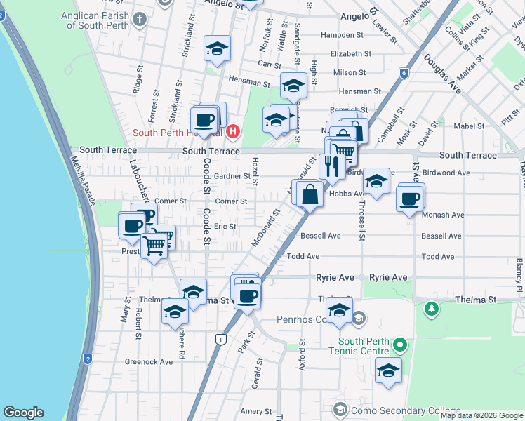 map of restaurants, bars, coffee shops, grocery stores, and more near 36 Hazel Street in Como