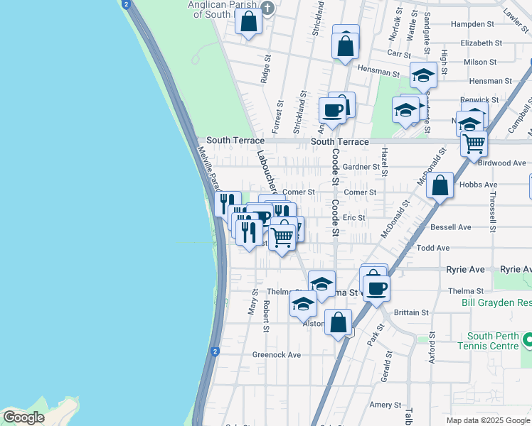 map of restaurants, bars, coffee shops, grocery stores, and more near 12 Eric Street in Como