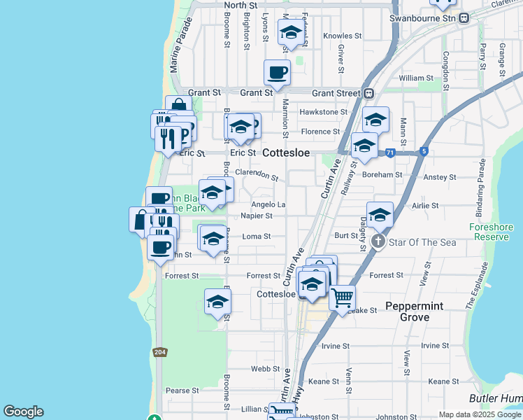 map of restaurants, bars, coffee shops, grocery stores, and more near 44 Napier Street in Cottesloe