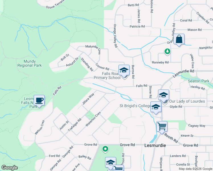 map of restaurants, bars, coffee shops, grocery stores, and more near 73 Falls Road in Lesmurdie