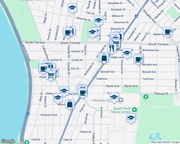 map of restaurants, bars, coffee shops, grocery stores, and more near 62 McDonald Street in Como