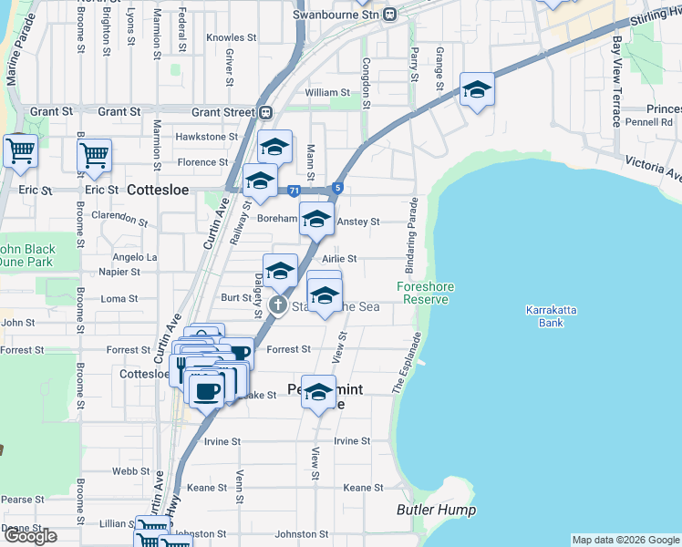 map of restaurants, bars, coffee shops, grocery stores, and more near 11 Airlie Street in Claremont