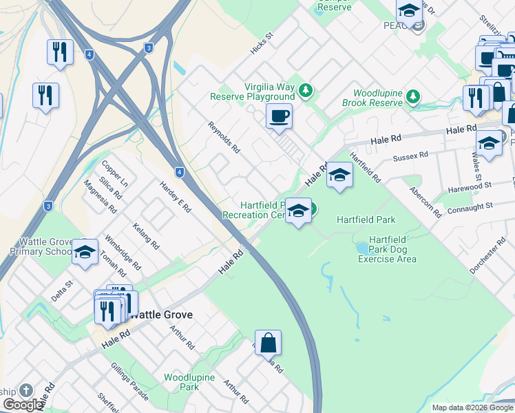 map of restaurants, bars, coffee shops, grocery stores, and more near 2 Calcite Place in Forrestfield