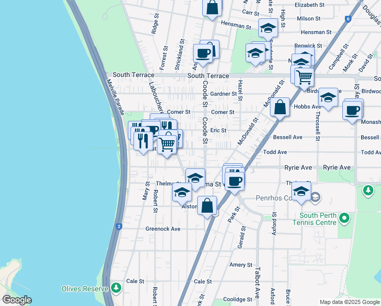 map of restaurants, bars, coffee shops, grocery stores, and more near 35 Preston Street in Como