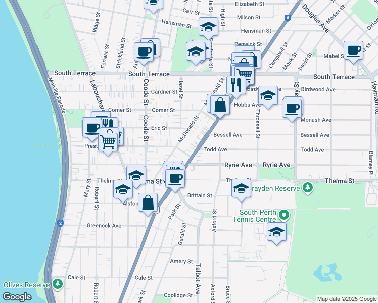 map of restaurants, bars, coffee shops, grocery stores, and more near 74 Preston Street in Como
