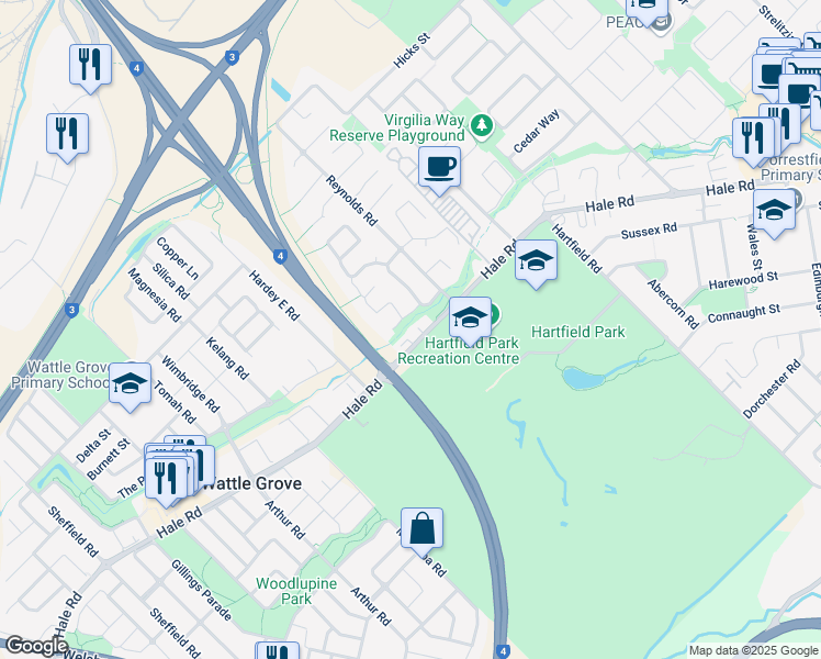 map of restaurants, bars, coffee shops, grocery stores, and more near 228 Hale Road in Forrestfield