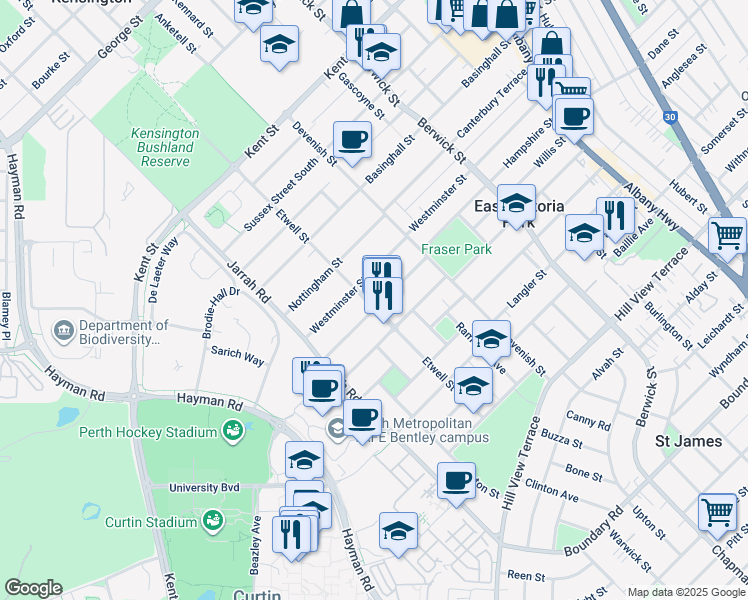 map of restaurants, bars, coffee shops, grocery stores, and more near 62 Etwell Street in East Victoria Park