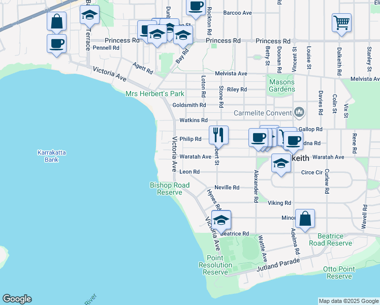 map of restaurants, bars, coffee shops, grocery stores, and more near 155 Waratah Avenue in Dalkeith