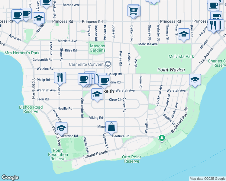 map of restaurants, bars, coffee shops, grocery stores, and more near Waratah Avenue in Dalkeith