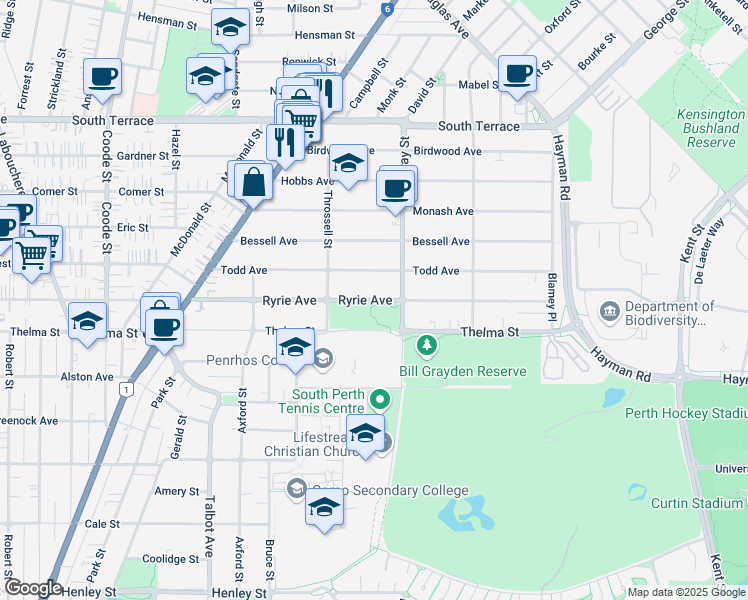 map of restaurants, bars, coffee shops, grocery stores, and more near Ryrie Avenue in Como