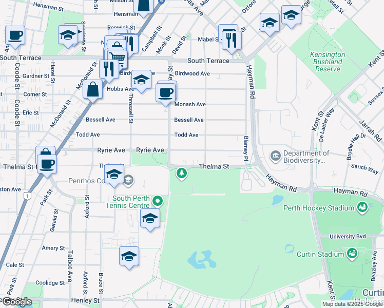 map of restaurants, bars, coffee shops, grocery stores, and more near 93 Ryrie Avenue in Como