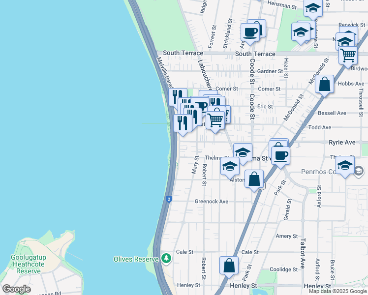map of restaurants, bars, coffee shops, grocery stores, and more near 140 Melville Parade in Como