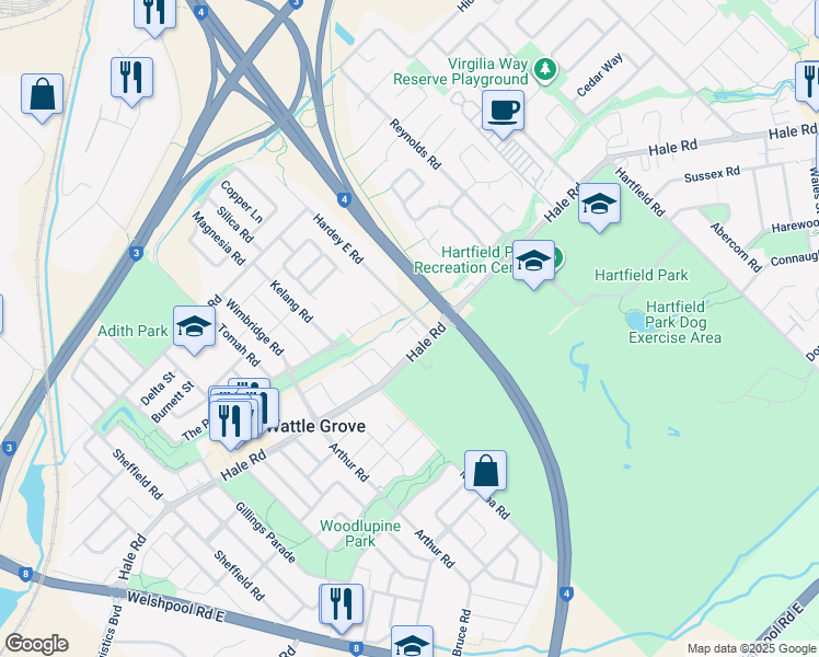 map of restaurants, bars, coffee shops, grocery stores, and more near 5 Pulchella Street in Wattle Grove
