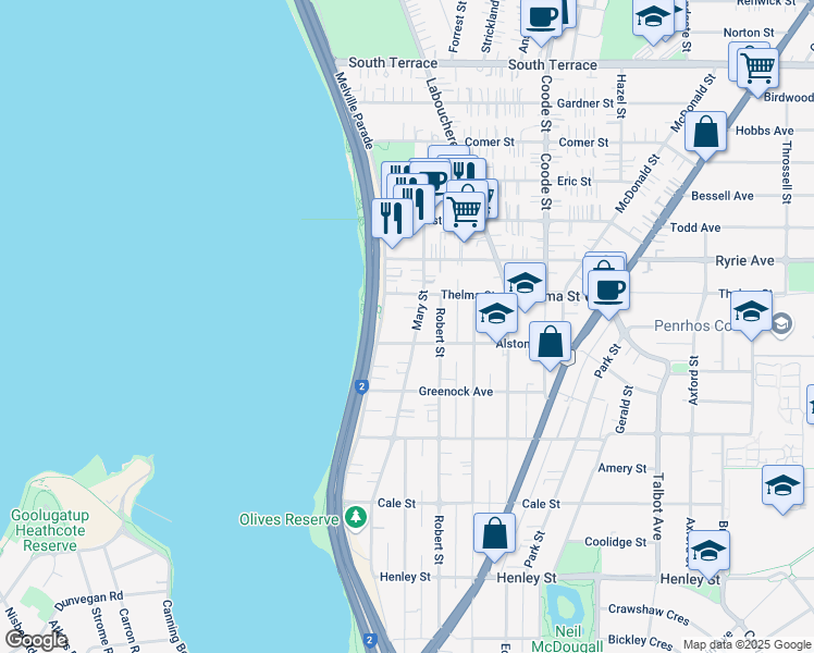 map of restaurants, bars, coffee shops, grocery stores, and more near 51 Mary Street in Como