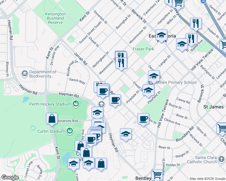 map of restaurants, bars, coffee shops, grocery stores, and more near 52 Jarrah Road in East Victoria Park