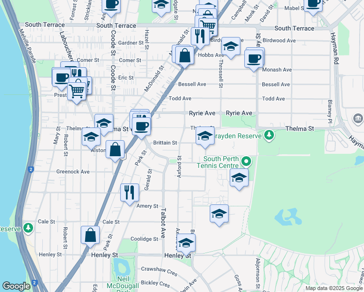 map of restaurants, bars, coffee shops, grocery stores, and more near 2 Axford Street in Como