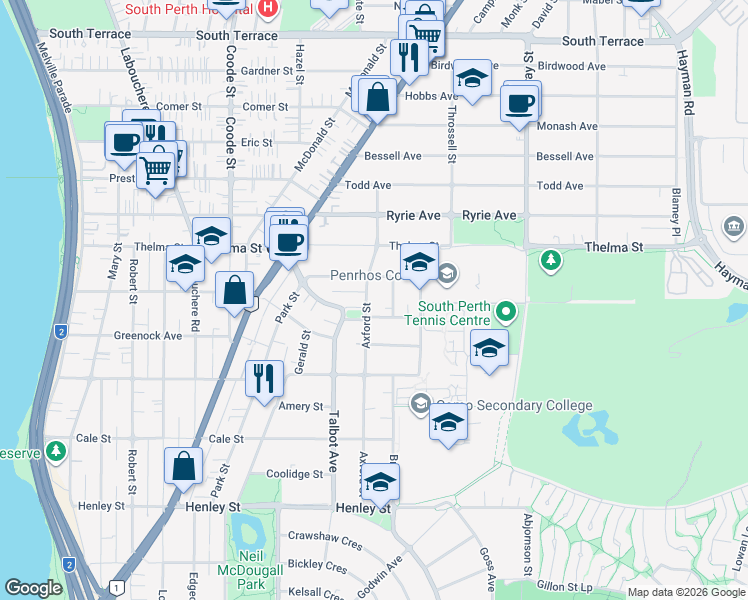map of restaurants, bars, coffee shops, grocery stores, and more near 8 Axford Street in Como