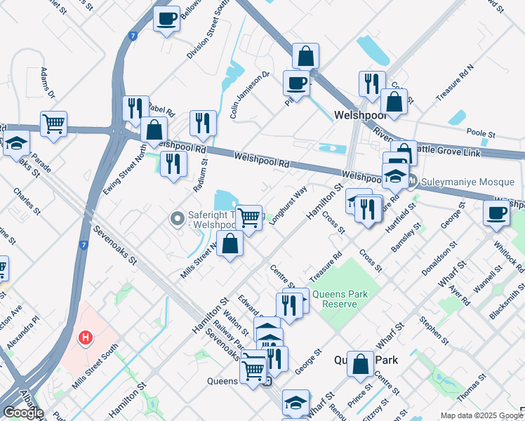 map of restaurants, bars, coffee shops, grocery stores, and more near 19 Lansing Street in Queens Park