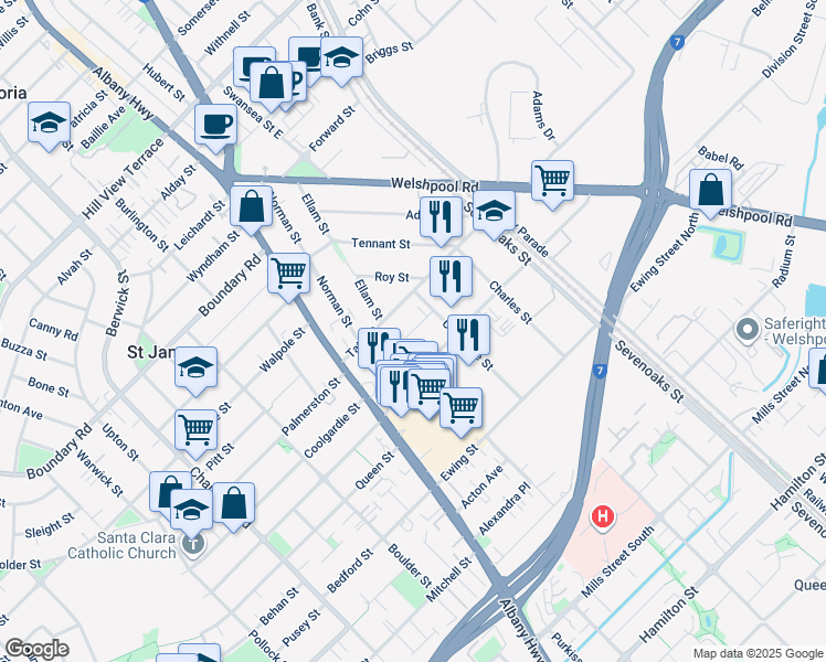 map of restaurants, bars, coffee shops, grocery stores, and more near Isobel Street in Bentley