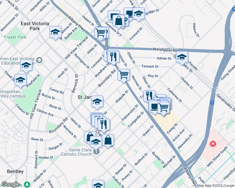 map of restaurants, bars, coffee shops, grocery stores, and more near 3 Melbourne Street in St James