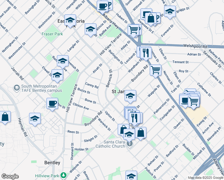 map of restaurants, bars, coffee shops, grocery stores, and more near 23 Beaconsfield Street in Saint James