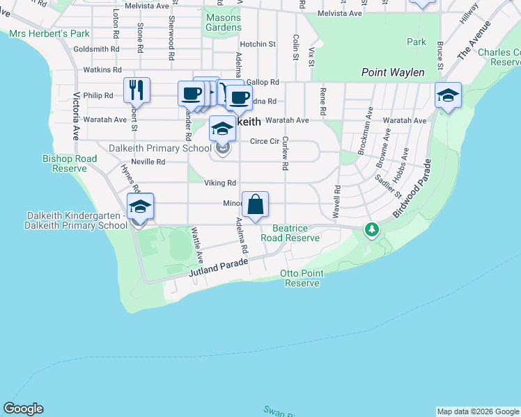 map of restaurants, bars, coffee shops, grocery stores, and more near 28 Minora Road in Dalkeith
