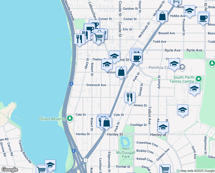 map of restaurants, bars, coffee shops, grocery stores, and more near 235 Labouchere Road in Como