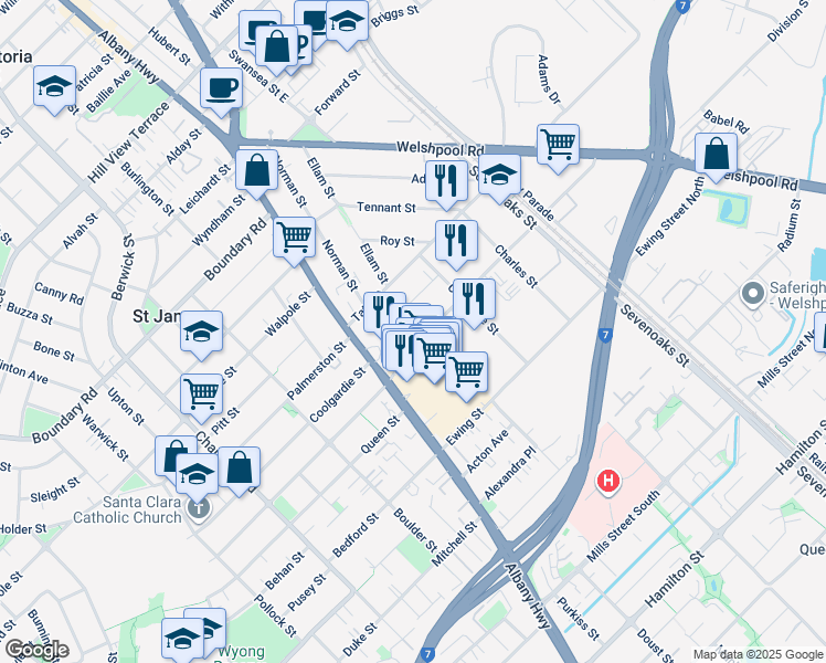 map of restaurants, bars, coffee shops, grocery stores, and more near 14 John Street in Bentley