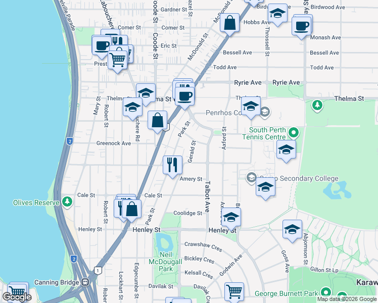 map of restaurants, bars, coffee shops, grocery stores, and more near 5 Gerald Street in Como