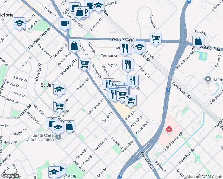 map of restaurants, bars, coffee shops, grocery stores, and more near 1A Isobel Street in Bentley