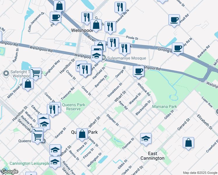 map of restaurants, bars, coffee shops, grocery stores, and more near 255 George Street in Queens Park