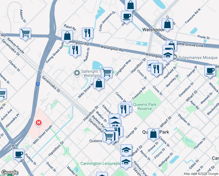 map of restaurants, bars, coffee shops, grocery stores, and more near 152 Hamilton Street in Queens Park