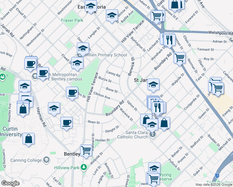 map of restaurants, bars, coffee shops, grocery stores, and more near 21 Bone Street in Saint James