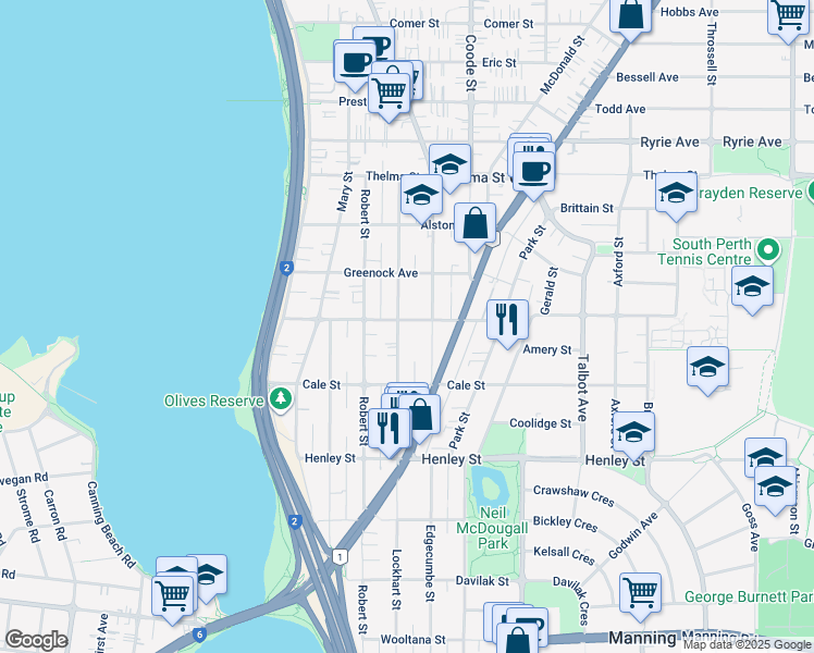 map of restaurants, bars, coffee shops, grocery stores, and more near 48 Lockhart Street in Como